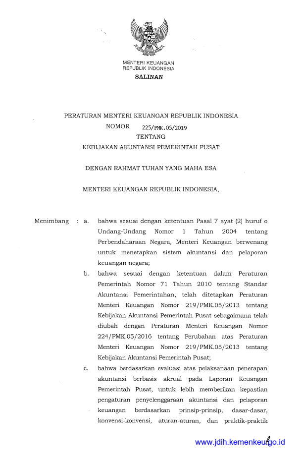Peraturan Menteri Keuangan Nomor 225/PMK.05/2019