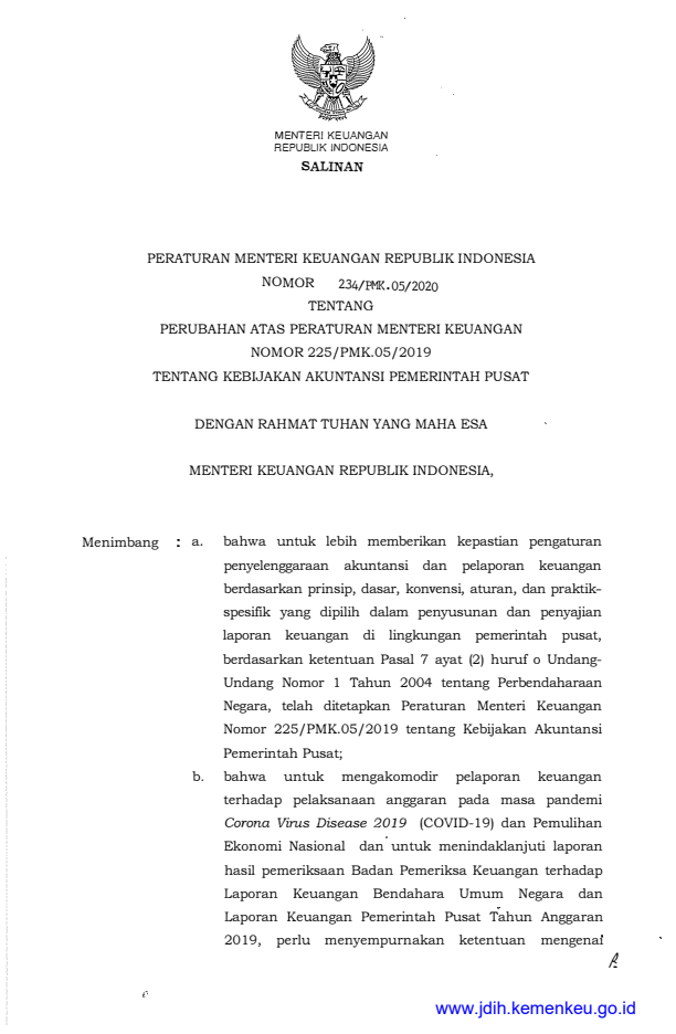 Peraturan Menteri Keuangan Nomor 234/PMK.05/2020