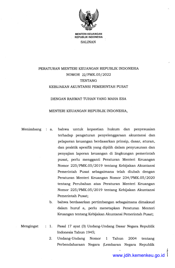 Peraturan Menteri Keuangan Nomor 22/PMK.05/2022